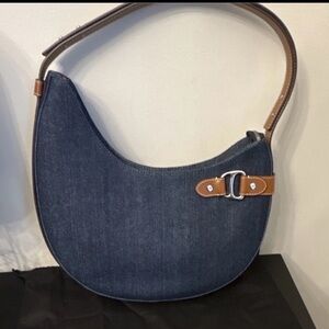 Lauren Ralph Lauren Denim Crescent Shoulder Bag with Tan Leather Trim
